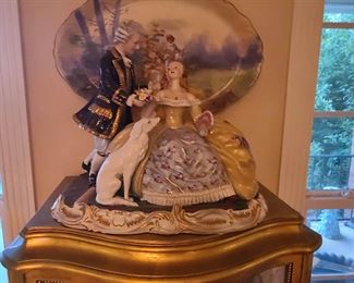 Italian Capodimonte Style Aristocratic Couple w/Borzoi Dog; Dresden Lace Porcelain Figurine, Hand Painted