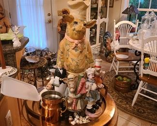 Chef Pig Statue, Large Round Cooper Tray, Round Butcher Block Table and more