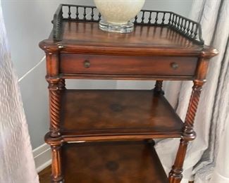  Theodore Alexander Whatnot Side Table, Leather inlay. Purchased in London and transported home to Elmhurst. Quality piece. 