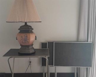 Lot Of Four Foldable MCM Style Side Tables Ornate Carved Base Lamp