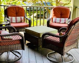 Outdoor Chairs and Tables.  2 Swivel Chairs, Two arm chairs.