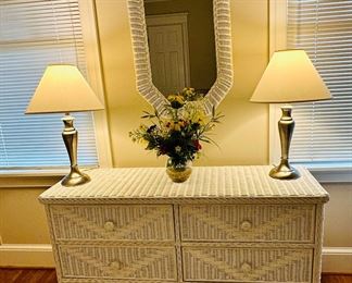 Wicker six drawer dresser and mirror