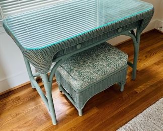 Hickory Chair Wicker Desk and stool.  Glass top.
