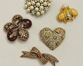 Rhinestone brooches, including Nina Ricci heart