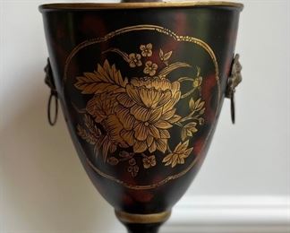 Living Room:  Here is one of a pair of 18" tall decorative tole painted faux urns.  Each has a tortoise finish and gold design.