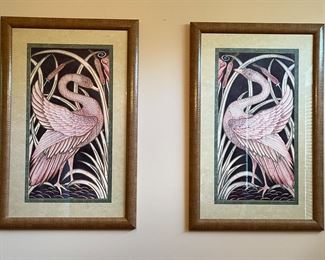 Dining Room:  A PAIR of large swan prints are framed in "ostrich" leather. Each one measures 28" wide x 42" tall.