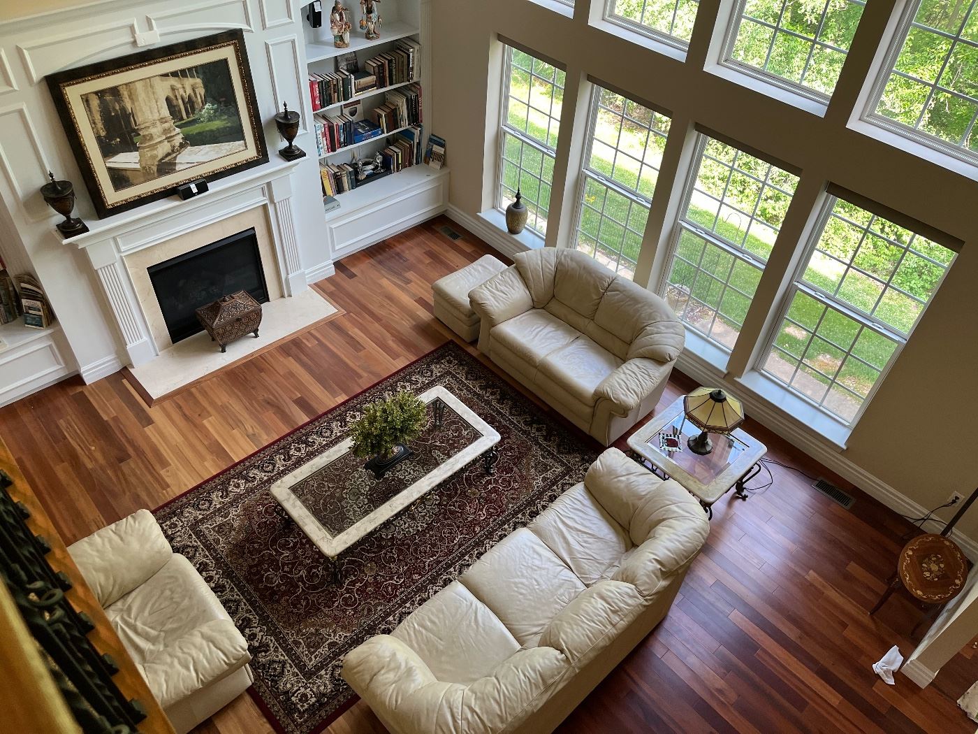 Living Room:  This is a view of the living room from the second floor.  Closer photos follow.