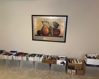Office Area-Second Floor:  A large fruit print by artist Robert Ginder measures 50" wide x 37" tall.  Many books are displayed in the bins.