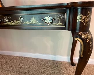 Upstairs Hall:  Here is a closer look at the raised and stenciled design on the Chinoiserie sofa table.  Note:  the sofa table looks black in the photo but it is actually a deep cherry or mahogany wood color.