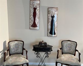 Lower Level:  Two separately priced French-style "needlepoint" chairs flank a faux tooled leather one-drawer table.  The pair of VOGUE and LaMODE dress form [curved] plaques are priced as a set.