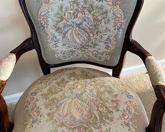 Lower Level:  This is a closer photo of one of the two separately priced "needlepoint" French-style chairs.