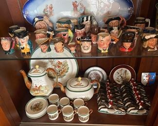 Royal Doulton and other Toby mugs. Spode teapot, coffee pot, tray and cups and saucers. 12 porcelain jockey napkin rings