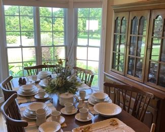 Dining table, chairs, dish collection, hutch