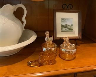 Antique glass animal powder containers, wash basin and pitcher