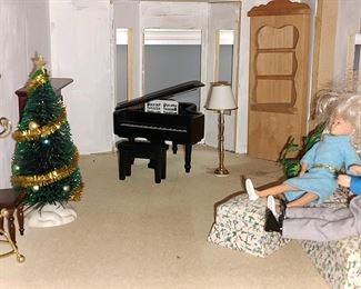 Grand piano, Christmas tree, corner cabinet and seating, lamp, coat rack #dollhousefurniture