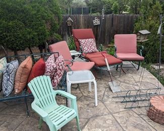 Patio Lawn chairs and bench and side tables