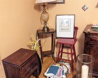 Vintage side tables, stool, yarn, lamp