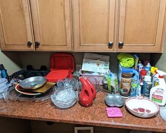 Cleaning supplies, kitchen items