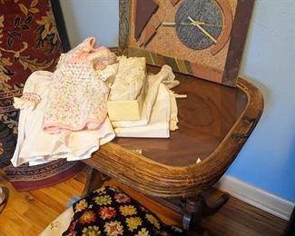 Vintage table, blankets, clock