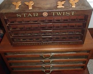 Star Twist spool cabinet, unmarked glass front spool cabinet