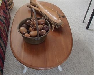 Copper handle basket, wood centerpiece 