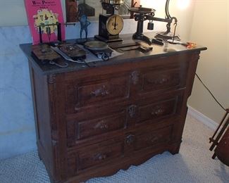 Antique chest, weight scales 