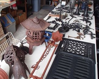 Cast iron and metal works table in garage 