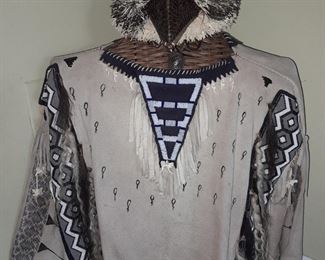Genuine Authentic Native American Medicine Beaded Shirt W/ Hand Loomed Rattlesnake Pattern On Navy Blue Trade Cloth W/ Horse Hair & Rattlesnake Skin