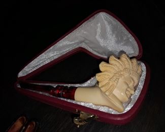 Hand Carved Native American Pipe W/ Amber Elements & Case