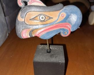 Native American Wood Carved Animal Mini Mask On Stand Signed By Artie George Of Coast Raven Design Studio (Canada)