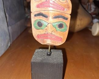 Native American Wood Carved Animal Mini Mask On Stand Signed By Artie George Of Coast Raven Design Studio (Canada)