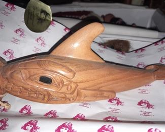 Native American Shark & Man Wood Carved Figurine (1978)