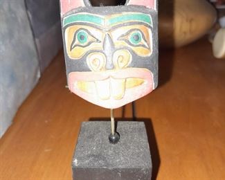 Native American Wood Carved Animal Mini Mask On Stand Signed By Artie George Of Coast Raven Design Studio (Canada)