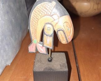 Native American Wood Carved Animal Mini Mask On Stand Signed By Artie George Of Coast Raven Design Studio (Canada)