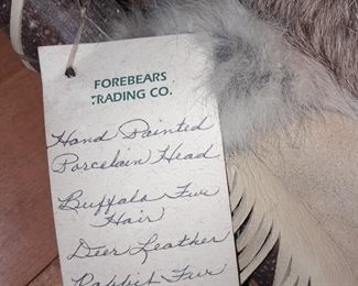 Native American Papoose Baby Cradleboard W/ Hand Painted Porcelain Head W/ Buffalo Fur Hair, Deer Leather, Rabbit Fur, & Glass Beads (Forebears Trading Co.)