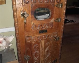 Antique Wooden Ice Box W/ Carved Details