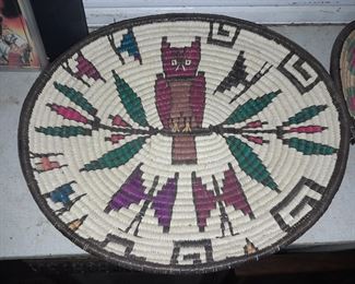 Native American Handmade Pictoral Owl Basket Plate