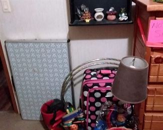 camping table & 2 benches suit cases knick knacks lamps