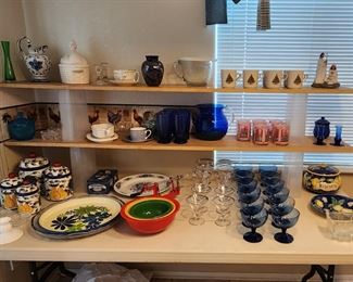 Blue glass, mixing bowls, canisters set