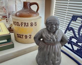 Old metal bank, hummel,  jug 