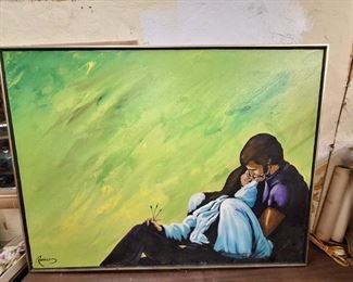 Painting of Man and Woman Resting Signed Rodriguez 37"x 49"