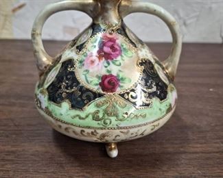 Unmarked Nippon Antique Porcelain Squat Vase Hand Painted Roses Moriage Gilt