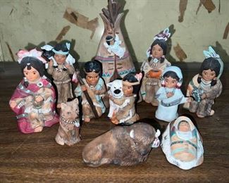 Native American 11 Piece Ceramic Nativity Set 1989 Provincial Mold Hand Painted