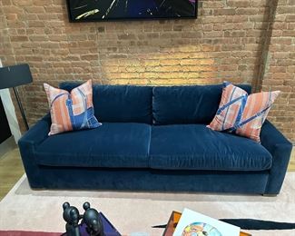 Restoration hardware Maxwell sofa in a blue indigo color standard fill with velvet fabric couch measures 86 inches wide by 36 inches deep. Original retail price was 4500 selling this couch for $1700.