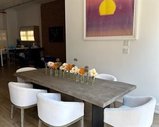 Chairs are also for sale separately. These are a Restoration Hardware Morgan barrel, back slope, arm fabric dating armchair, great oak legs, white fabric set of six $2800 original retail price was over 6000.