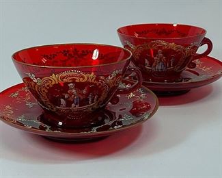 2 Rare Signed Moser Decorated Cranberry/ Ruby Cups and Saucers