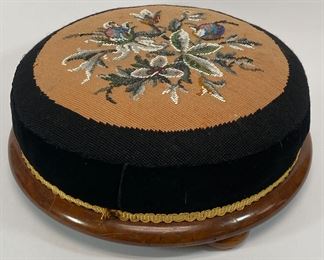 Beaded Needlepoint Round Foot Stool