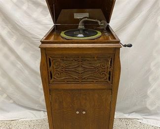 Harmograph Talking Machine/ Victrola/ Record Player, St. Louis MO, Working, Oak Case with Records