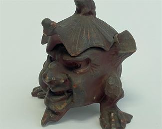 Cast Iron Figural Devil/ Imp Ink Well, Frog Finial, Webb Feet