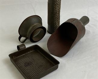 Tin Utensils Incl. Grater, Scoop, Sifter, Jar Filler